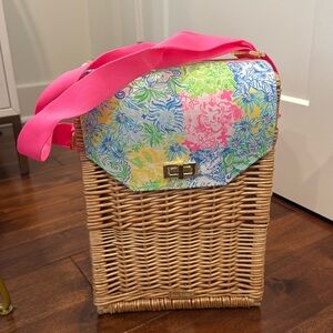 Lilly Pulitzer Wicker Wine Tote Basket Picnic Beac